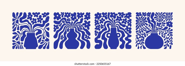 Matisse curves aestethic. Abstract flower art set. Organic doodle shapes in trendy naive retro style. Contemporary posters and backgrounds. Floral botanic vector illustrations in blue colors.