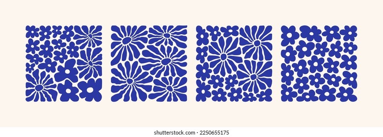 Matisse curves aestethic. Abstract flower art set. Organic doodle shapes in trendy naive retro style. Contemporary posters and backgrounds. Floral botanic vector illustrations in blue colors.