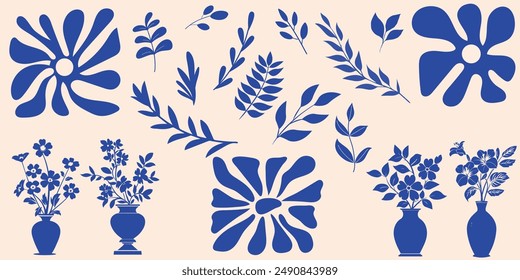 Matisse curva la botánica estética. Formas de garabatos florales orgánicos en estilo hippie retro de los años 60 y 70 de moda. Estilo botánico minimalista de moda para póster, logotipos, cubiertas