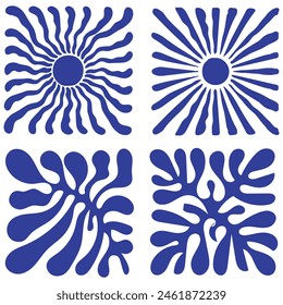 Matisse curves aestethic. Groovy abstract flower art set. Organic floral doodle shapes in trendy naive retro hippie 60s 70s style. Botanic vector illustration in blue color. eps 10