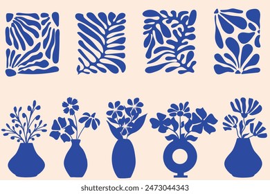 Matisse curves aestethic. Groovy abstract flower and vases art. Organic floral doodle shapes in trendy naive retro hippie 60s 70s style. Trendy minimal botanical style for poster, logos, covers.