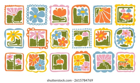 Matisse curves aestethic. Groovy abstract flower art set. Organic floral doodle shapes in trendy naive retro hippie 60s 70s style. Botanic vector illustration in pink, yellow, green colors.