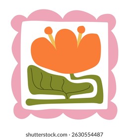 Matisse curves aestethic. Groovy abstract flower art. Organic floral doodle shapes in trendy naive retro hippie 60s 70s style. Botanic vector illustration in pink, yellow, green colors.