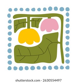 Matisse curves aestethic. Groovy abstract flower art. Organic floral doodle shapes in trendy naive retro hippie 60s 70s style. Botanic vector illustration in pink, yellow, green colors.