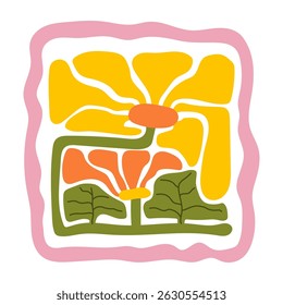 Matisse curves aestethic. Groovy abstract flower art. Organic floral doodle shapes in trendy naive retro hippie 60s 70s style. Botanic vector illustration in pink, yellow, green colors.