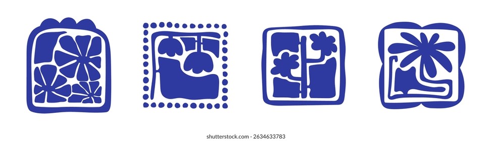 Matisse curves aestethic. Groovy abstract flower art set. Organic floral doodle shapes in trendy naive retro hippie 60s 70s style. Botanic vector illustration in blue color.