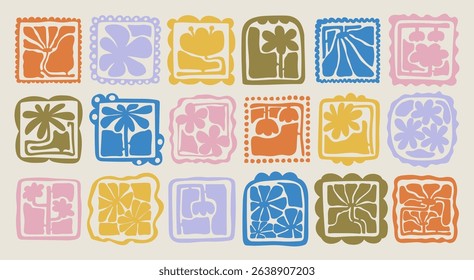 Matisse curves aestethic. Groovy abstract flower art set. Organic floral doodle shapes in trendy naive retro hippie 60s 70s style. Botanic vector illustration in pink, yellow, green colors.