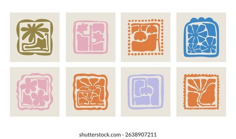 Matisse curves aestethic. Groovy abstract flower art set. Organic floral doodle shapes in trendy naive retro hippie 60s 70s style. Botanic vector illustration in pink, yellow, green colors.