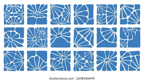 Matisse curves aestethic. Groovy abstract flower art set. Organic floral doodle shapes in trendy naive retro hippie 60s 70s style. Botanic vector illustration in blue color.