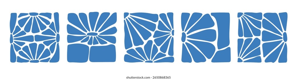 Matisse curves aestethic. Groovy abstract flower art set. Organic floral doodle shapes in trendy naive retro hippie 60s 70s style. Botanic vector illustration in blue color.
