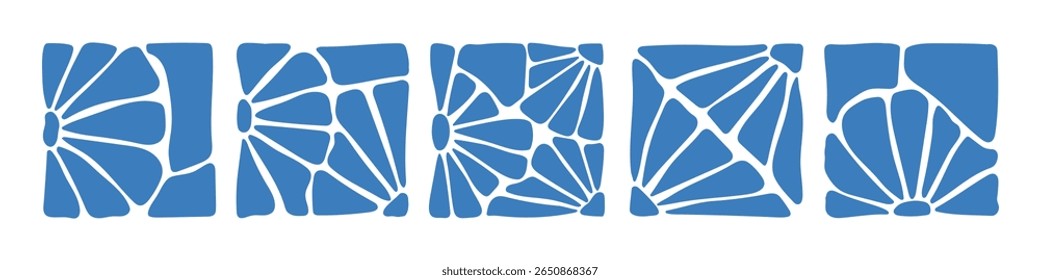 Matisse curves aestethic. Groovy abstract flower art set. Organic floral doodle shapes in trendy naive retro hippie 60s 70s style. Botanic vector illustration in blue color.