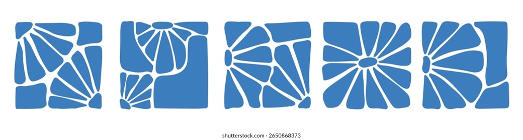 Matisse curves aestethic. Groovy abstract flower art set. Organic floral doodle shapes in trendy naive retro hippie 60s 70s style. Botanic vector illustration in blue color.