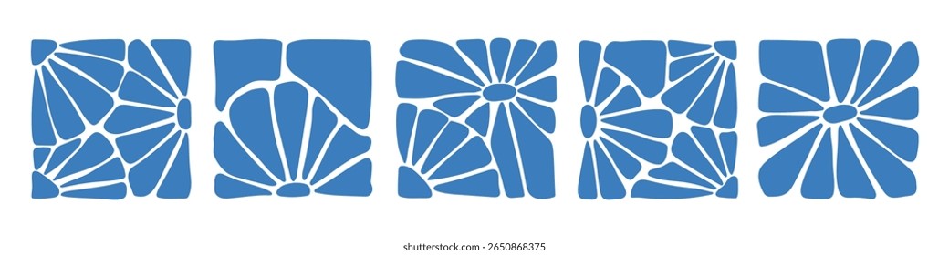 Matisse curves aestethic. Groovy abstract flower art set. Organic floral doodle shapes in trendy naive retro hippie 60s 70s style. Botanic vector illustration in blue color.