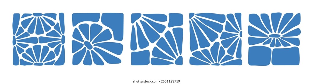 Matisse curves aestethic. Groovy abstract flower art set. Organic floral doodle shapes in trendy naive retro hippie 60s 70s style. Botanic vector illustration in blue color.