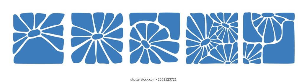 Matisse curves aestethic. Groovy abstract flower art set. Organic floral doodle shapes in trendy naive retro hippie 60s 70s style. Botanic vector illustration in blue color.