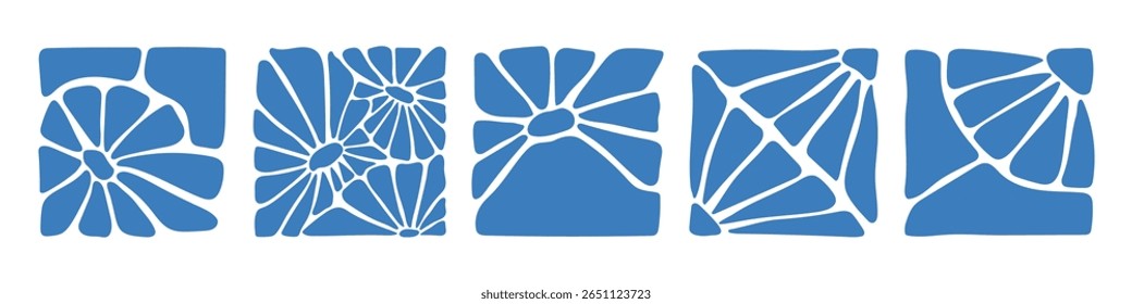 Matisse curves aestethic. Groovy abstract flower art set. Organic floral doodle shapes in trendy naive retro hippie 60s 70s style. Botanic vector illustration in blue color.