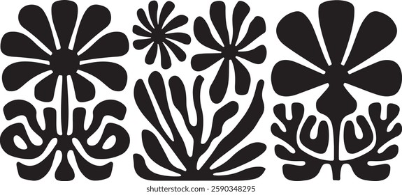 Matisse curves aestethic, seamless, flower patterns, Groovy abstract flower, art set, Botanic vector illustration, Set of groovy abstract, botanical floral, background in trendy naive retro hippie