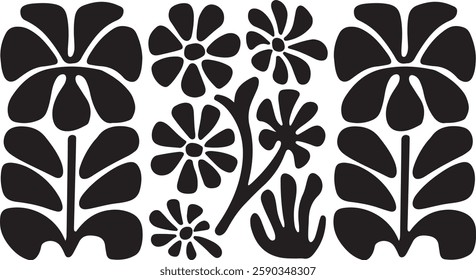 Matisse curves aestethic, seamless, flower patterns, Groovy abstract flower, art set, Botanic vector illustration, Set of groovy abstract, botanical floral, background in trendy naive retro hippie