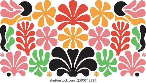 Matisse curves aestethic, seamless, flower patterns, Groovy abstract flower, art set, Botanic vector illustration, Set of groovy abstract, botanical floral, background in trendy naive retro hippie