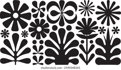 Matisse curves aestethic, seamless, flower patterns, Groovy abstract flower, art set, Botanic vector illustration, Set of groovy abstract, botanical floral, background in trendy naive retro hippie