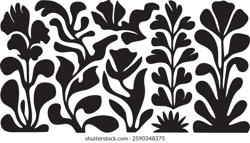Matisse curves aestethic, seamless, flower patterns, Groovy abstract flower, art set, Botanic vector illustration, Set of groovy abstract, botanical floral, background in trendy naive retro hippie