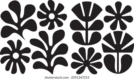 Matisse curves aestethic seamless flower patterns, Organic floral doodle shapes in trendy naive retro hippie 60s 70s style, Groovy abstract flower art, Floral doodle naive patterns, Trendy.