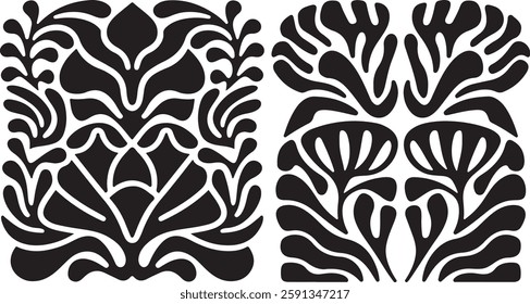 Matisse curves aestethic seamless flower patterns, Organic floral doodle shapes in trendy naive retro hippie 60s 70s style, Groovy abstract flower art, Floral doodle naive patterns, Trendy.