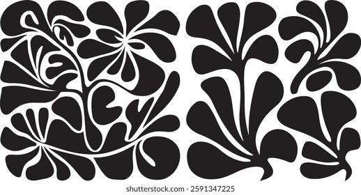 Matisse curves aestethic seamless flower patterns, Organic floral doodle shapes in trendy naive retro hippie 60s 70s style, Groovy abstract flower art, Floral doodle naive patterns, Trendy.