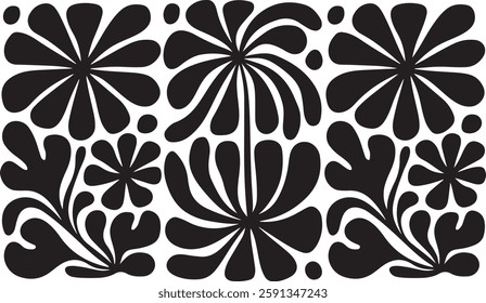 Matisse curves aestethic seamless flower patterns, Organic floral doodle shapes in trendy naive retro hippie 60s 70s style, Groovy abstract flower art, Floral doodle naive patterns, Trendy.