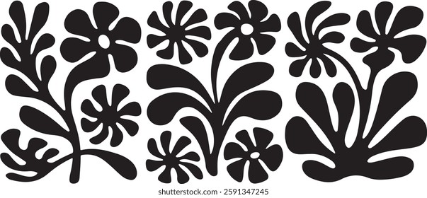 Matisse curves aestethic seamless flower patterns, Organic floral doodle shapes in trendy naive retro hippie 60s 70s style, Groovy abstract flower art, Floral doodle naive patterns, Trendy.