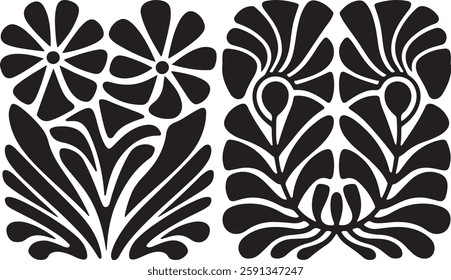 Matisse curves aestethic seamless flower patterns, Organic floral doodle shapes in trendy naive retro hippie 60s 70s style, Groovy abstract flower art, Floral doodle naive patterns, Trendy.