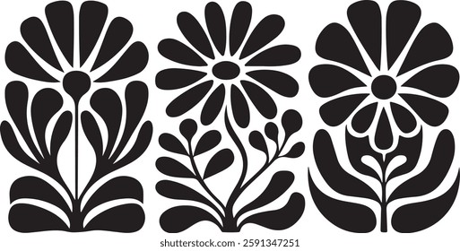 Matisse curves aestethic seamless flower patterns, Organic floral doodle shapes in trendy naive retro hippie 60s 70s style, Groovy abstract flower art, Floral doodle naive patterns, Trendy.