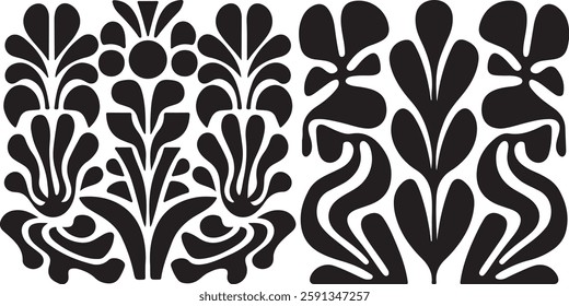 Matisse curves aestethic seamless flower patterns, Organic floral doodle shapes in trendy naive retro hippie 60s 70s style, Groovy abstract flower art, Floral doodle naive patterns, Trendy.