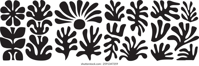 Matisse curves aestethic seamless flower patterns, Organic floral doodle shapes in trendy naive retro hippie 60s 70s style, Groovy abstract flower art, Floral doodle naive patterns, Trendy.