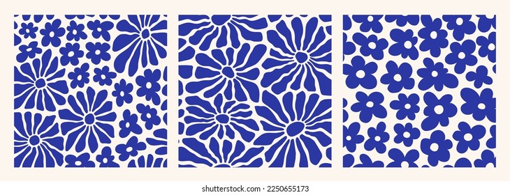 Matisse curves aestethic seamless patterns. Groovy abstract flower art. Organic floral doodle shapes in trendy naive retro hippie 60s 70s style. Botanic vector backgrounds in blue color.