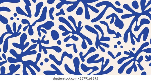 Matisse curves aestethic seamless patterns. Botanic vector backgrounds in blue color
