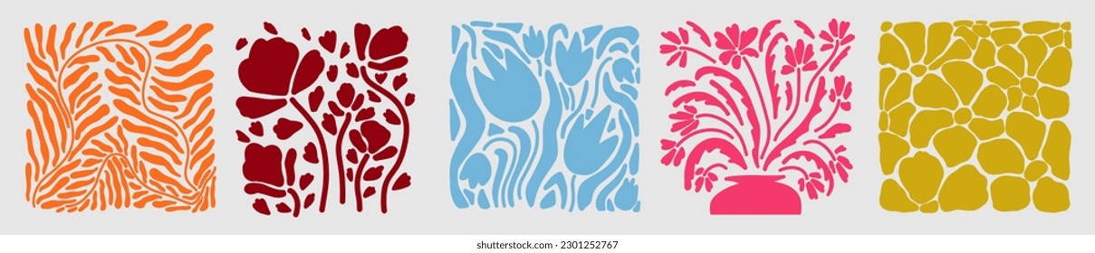 Matisse curves aesthetic. Groovy abstract patterns set. Floral doodles, botanical art. Fashionable organic floral style of naive retro hippies of the 60-70s. Vector background pink blue orange