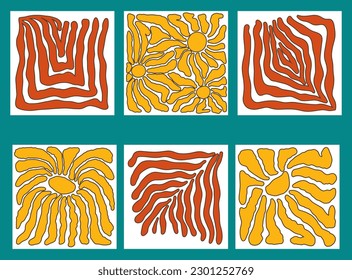Matisse curves aesthetic. Groovy abstract patterns set. Floral doodles, botanical art. Fashionable organic floral style of naive retro hippies of the 60-70s. Vector background pink blue orange