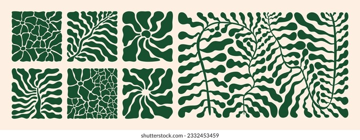 Matisse curves background. Abstract flower print set, contemporary floral element, green organic wavy shapes. Vector art