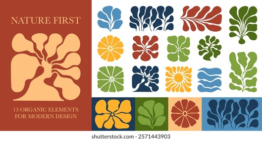 Matisse Curves in doodles. Set of Retro Minimal Colorful Botanical Shapes and Groovy Abstract Nature