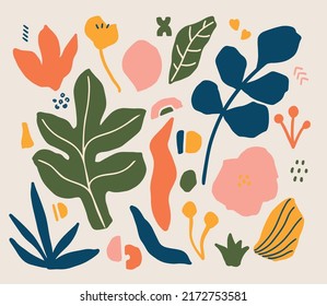 Matisse cut outs abstract groovy colorful simple geometric tropical shapes, boho shapes. Modern simple abstract background.