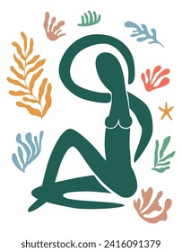 Matisse female body poster. Abstract woman figure and contemporary leaves vector wall art in a trendy minimal style. Vector collage of human body and botanical elements. Minimalistic illustration.