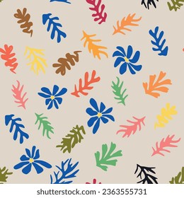 Matisse floral pattern, crooked leaves and flowers. Contemporary botanic background, modern print floral element, organic shapes