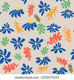 Matisse floral pattern, crooked leaves and flowers. Contemporary botanic background, modern print floral element, organic shapes