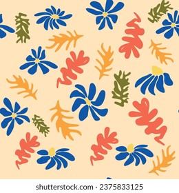 Matisse floral pattern, crooked leaves and flowers. Contemporary botanic background, modern print floral element, organic shapes