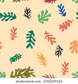 Matisse floral seamless pattern, crooked leaves and flowers. Contemporary botanic background, modern print floral element, organic shapes