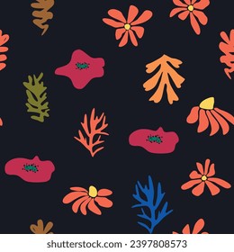 Matisse floral seamless pattern, crooked leaves and flowers. Contemporary botanic background, modern print floral element, organic shapes