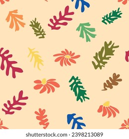 Matisse floral seamless pattern, crooked leaves and flowers. Contemporary botanic background, modern print floral element, organic shapes