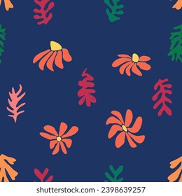 Matisse floral seamless pattern, crooked leaves and flowers. Contemporary botanic background, modern print floral element, organic shapes