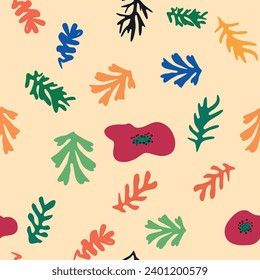 Matisse floral seamless pattern, crooked leaves and flowers. Contemporary botanic background, modern print floral element, organic shapes